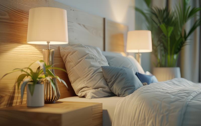 a bed with lamps and pillows