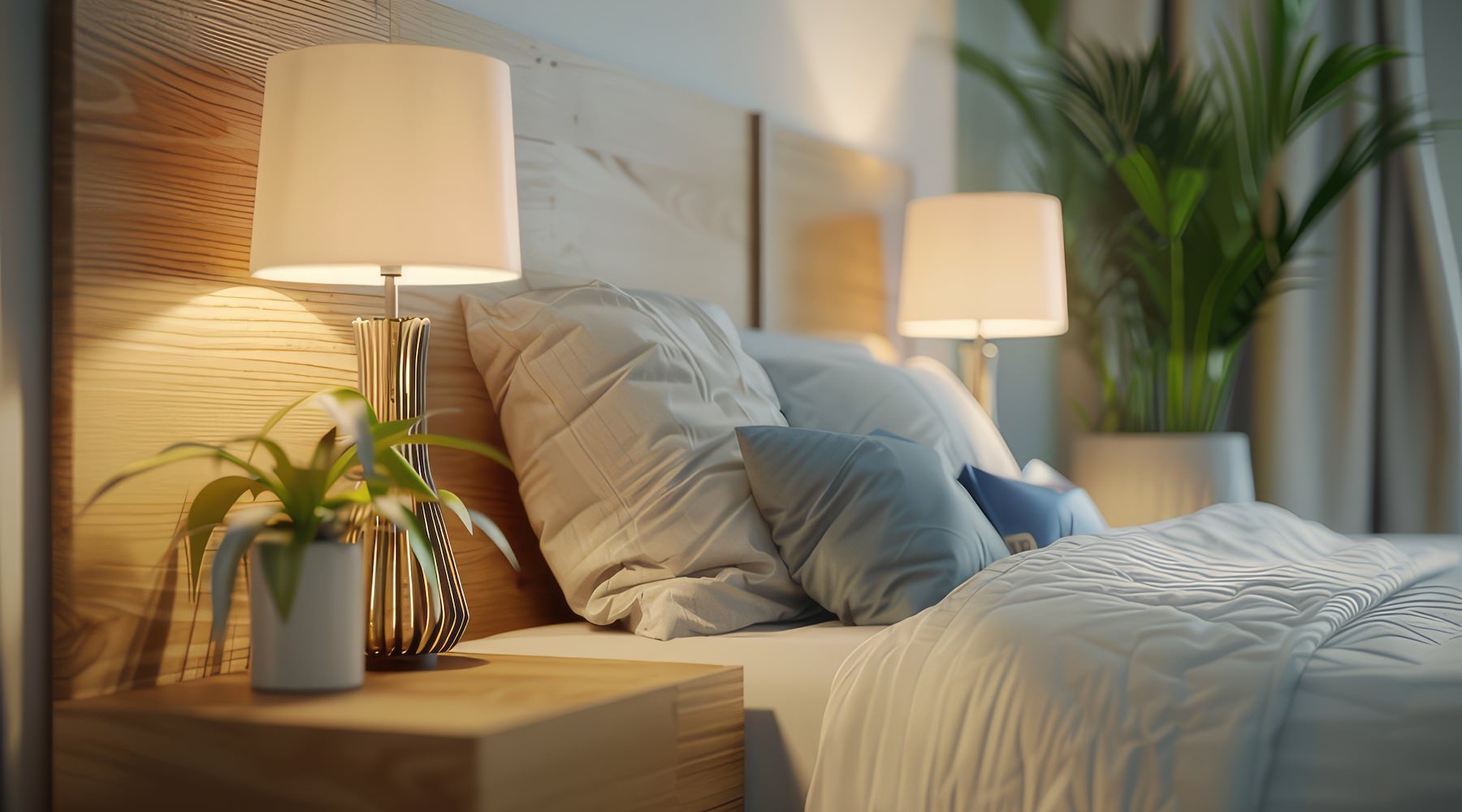 a bed with lamps and plants