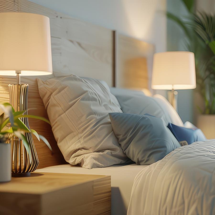 a bed with lamps and pillows