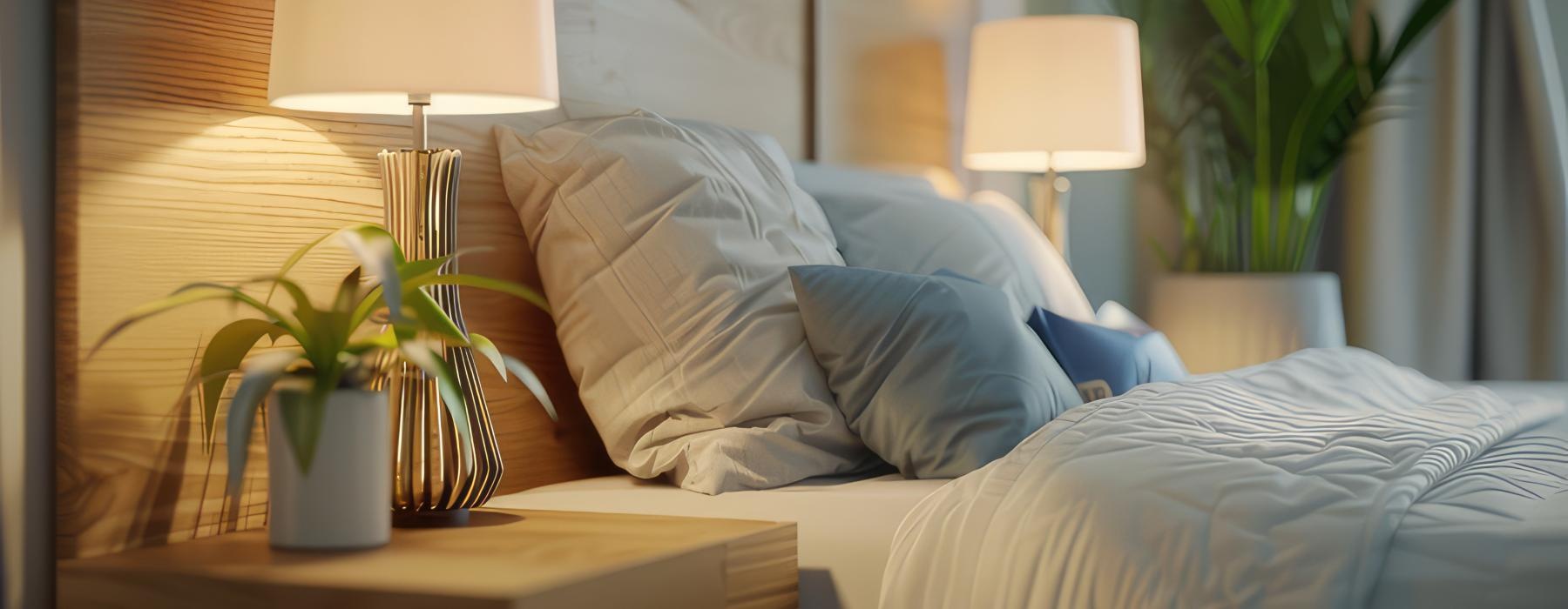 a bed with lamps and pillows